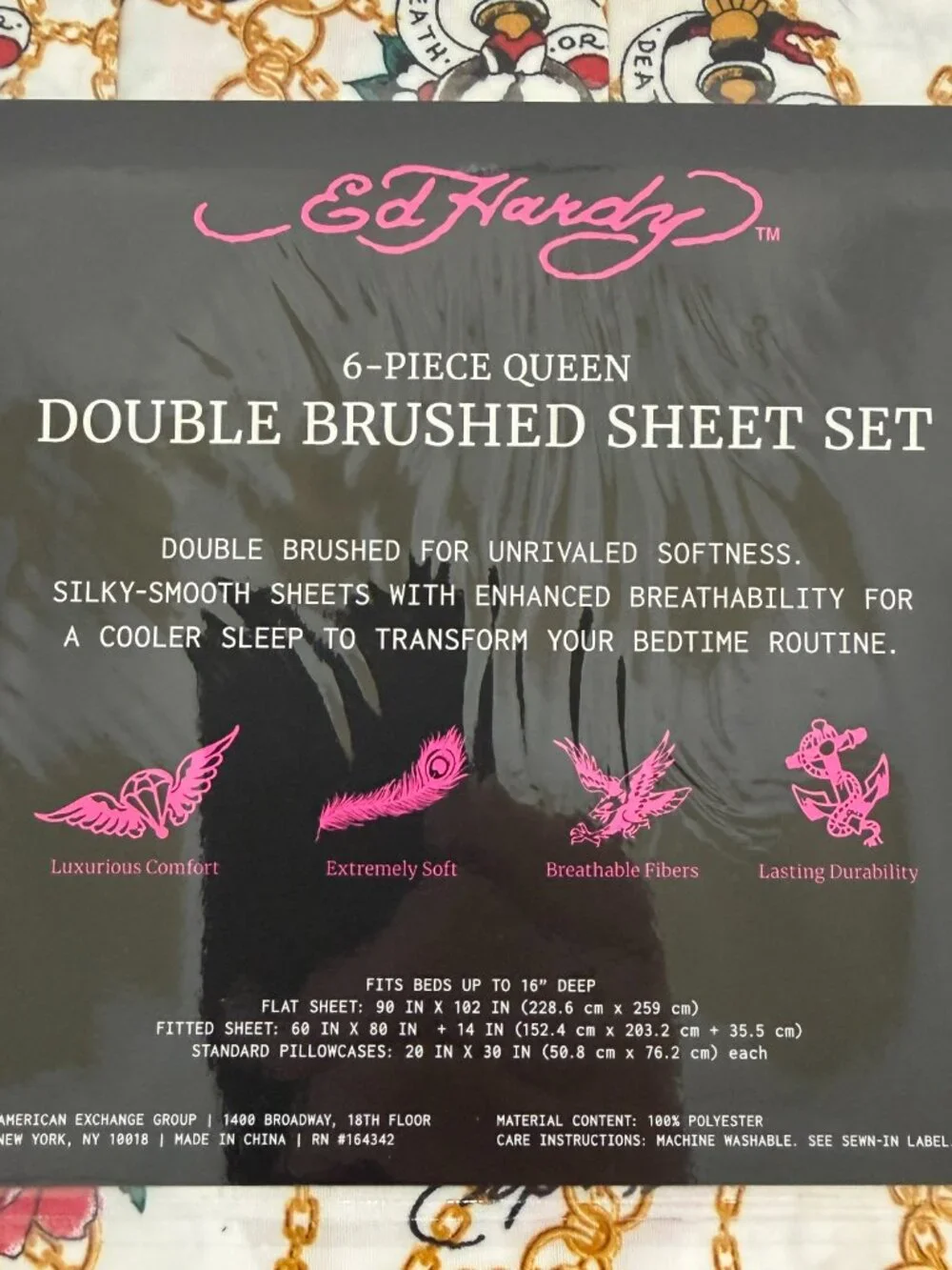 Ed Hardy 6-Piece QUEEN Brushed Sheet Set White Gold Chain Tattoo Skull Roses NWT